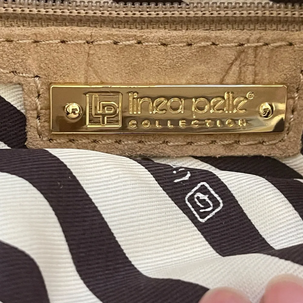 Linea Pelle Designer Clutch Tan Suede Leather Animal Print Gold Studs Lined